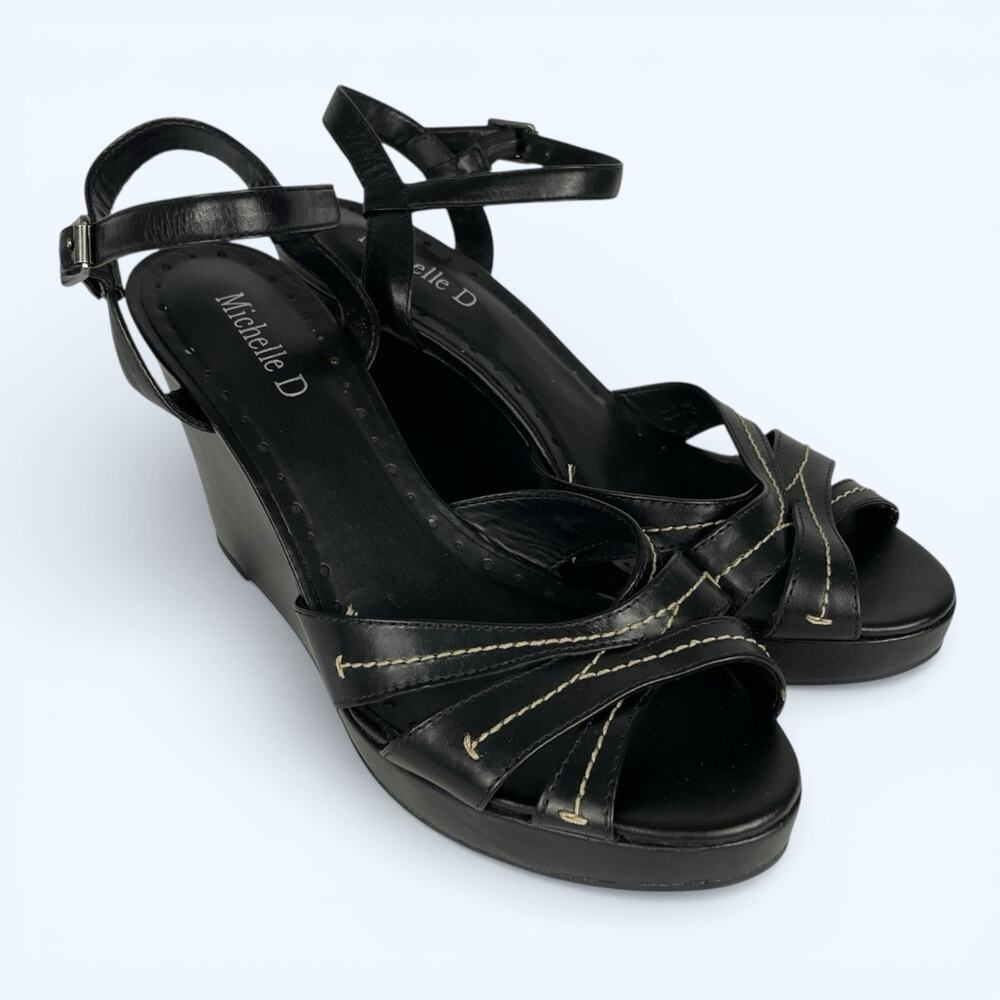 Michelle D Black Leather Wedge Sandals White Stitching 7.5M 4 inch heel